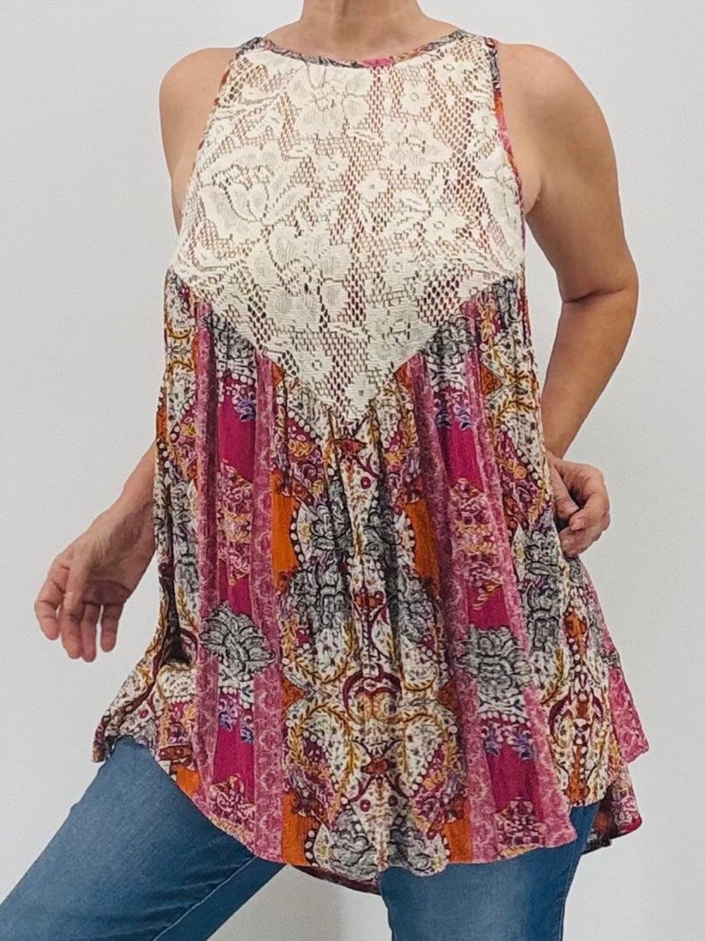 Free People Intimately Count Me In Boho Crochet Lace Floral Trapeze Tunic Top